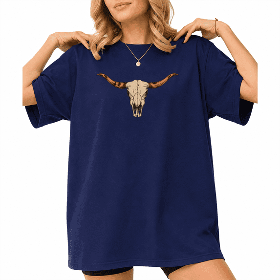 UNISHE Women's Vintage Sketch Longhorn Cow Skull Western Desert Graphic Short Sleeve T-shirt Relaxed Fit
