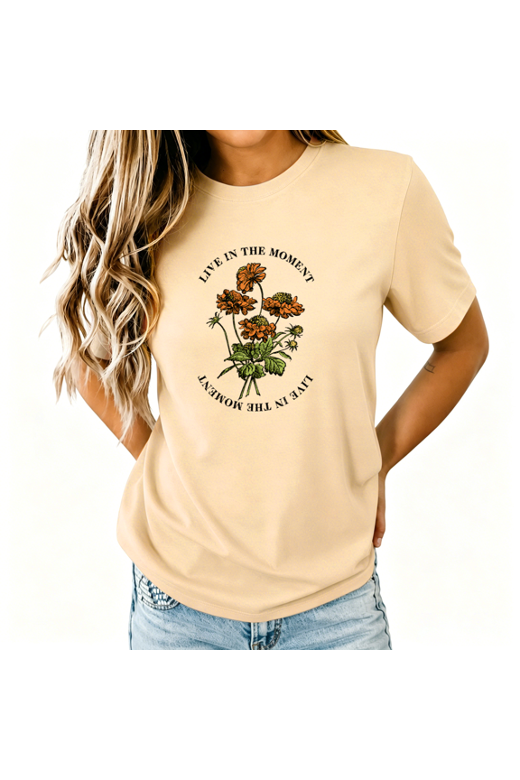Women's Vintage Sketch Orange Wildflower Circular Quote Floral Graphic Short Sleeve T-shirt Relaxed Fit