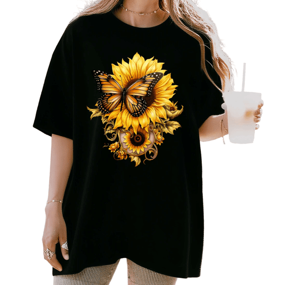 UNISHE Women's Vintage Style Sunflower and Butterfly Print Short Sleeve T-Shirt Casual Cotton Crewneck Top