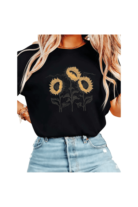 Women's Vintage Sunflower Mountain Graphic Short Sleeve T-Shirt Casual Cotton Crewneck Top
