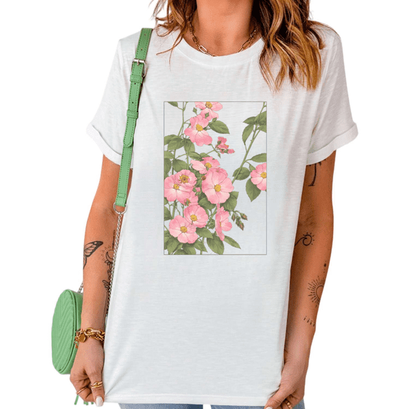 UNISHE Women's Vintage Vertical Frame Pink Wild Rose Branch Graphic Short Sleeve Crewneck Cotton Casual Top