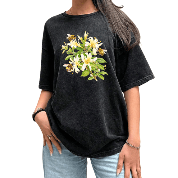 UNISHE Women's Vintage Washed Botanical Bee Graphic Tee - Trendy Nature Art Summer Top