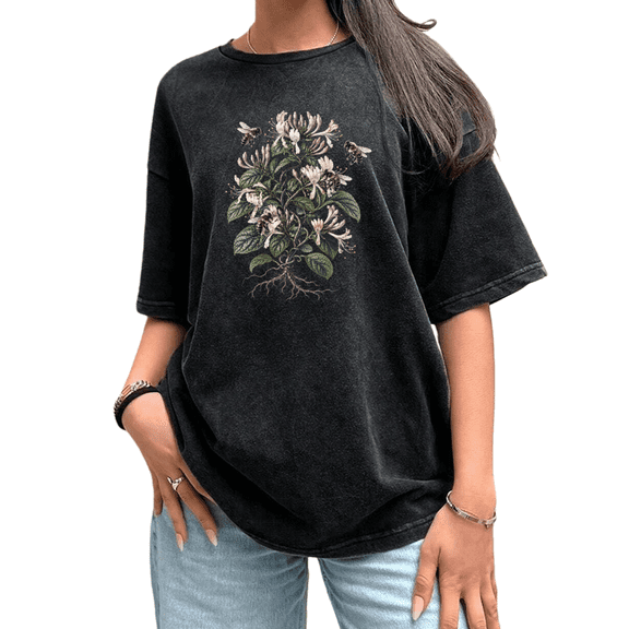 UNISHE Women's Vintage Washed Honeysuckle Graphic Tee - Summer Botanical Bee Print Top