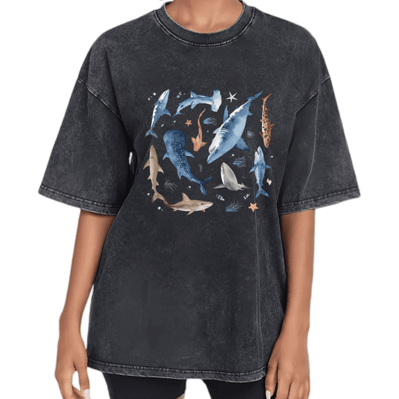 UNISHE Women's Vintage Washed Shark Graphic T - Shirt Short Sleeve Crewneck Distressed Relaxed Fit Tee