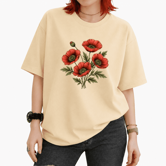 UNISHE Women's Vintage Watercolor Red Wild Floral Bouquet Graphic Short Sleeve T-shirt Loose Fit Casual Everyday Tee