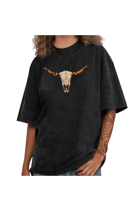 Women's Vintage Western Longhorn Skull Graphic Trendy Washed Short Sleeve T-Shirt Soft Breathable Tees Tops