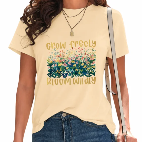 UNISHE Women's Vintage Wildflower Graphic Tee Stylish Crewneck Short Sleeve Tops for Daily outfit Beige, 2XL