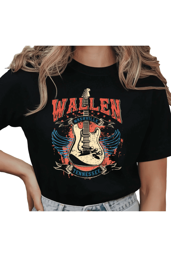 Women's Wallen Nashville Tennessee Guitar Graphic Short Sleeve T-Shirt Casual Cotton Crewneck Top