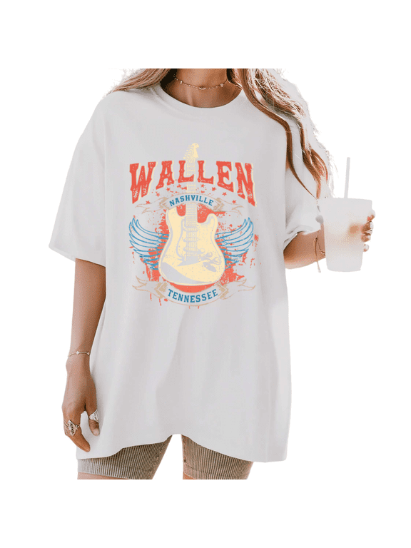 Women's Wallen Nashville Tennessee Guitar Graphic Short Sleeve T-Shirt Casual Cotton Crewneck Top