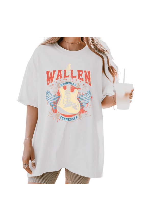 Women's Wallen Nashville Tennessee Guitar Graphic Short Sleeve T-Shirt Casual Cotton Crewneck Top