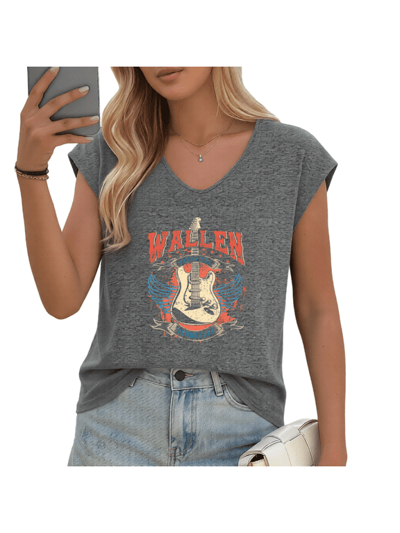 Women's "Wallen Nashville Tennessee" Guitar Print V-Neck Sleeveless T-Shirt Casual Summer Tank Top