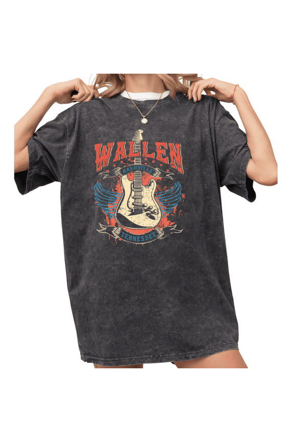 Women's "Wallen Nashville Tennessee" Guitar Vintage Washed T-Shirt Short Sleeve Crewneck Relaxed Fit Tee