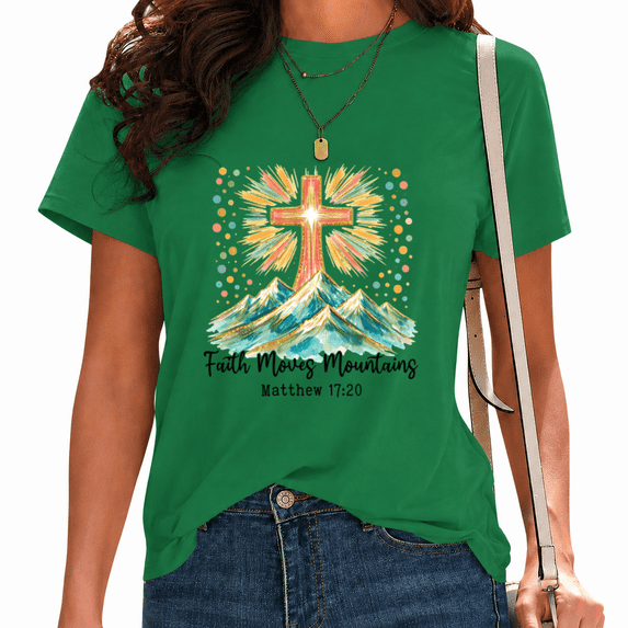 UNISHE Women's Warm Brush Glitter Peak Cross Matthew Positive Faith Quote Graphic Commuting Short Sleeve T-Shirt