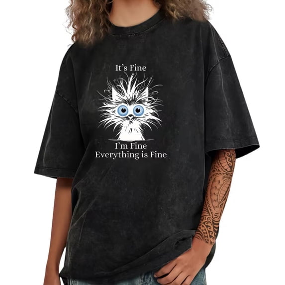UNISHE Women's Washed It's Fine I'm Everything Is Fine Cat Graphic Short Sleeve Crewneck T-Shirt Funny Tees