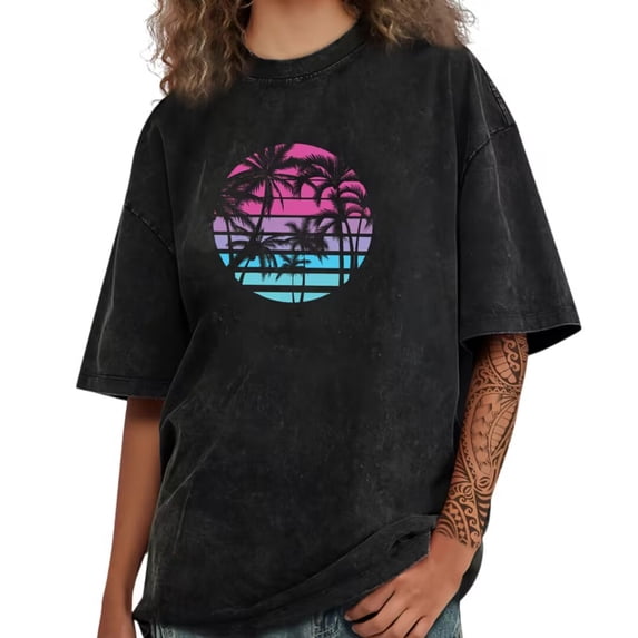 UNISHE Women's Washed Retro Sunset Palm Tree Graphic Short Sleeve Crewneck T-Shirt Casual Tropical Summer Print