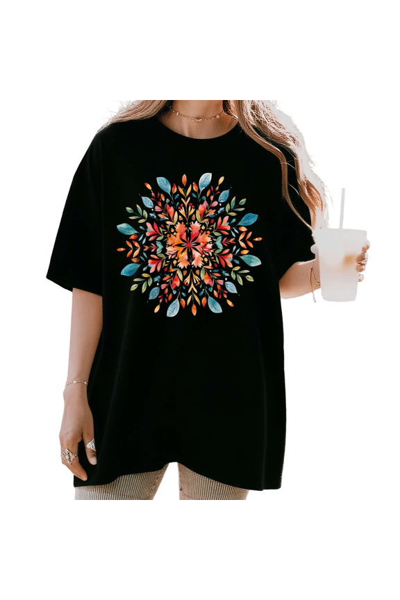 Women's Watercolor Autumn Leaf Mandala Symmetric Floral Graphic Short Sleeve T-Shirt Casual Crewneck Top