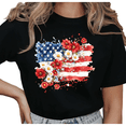 thumbnail image 1 of UNISHE Women's Watercolor Floral American Flag Daisy Graphic Short Sleeve T-Shirt Comfortable Crewneck Top, 1 of 5