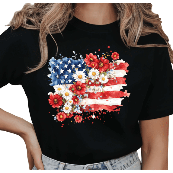 UNISHE Women's Watercolor Floral American Flag Daisy Graphic Short Sleeve T-Shirt Comfortable Crewneck Top