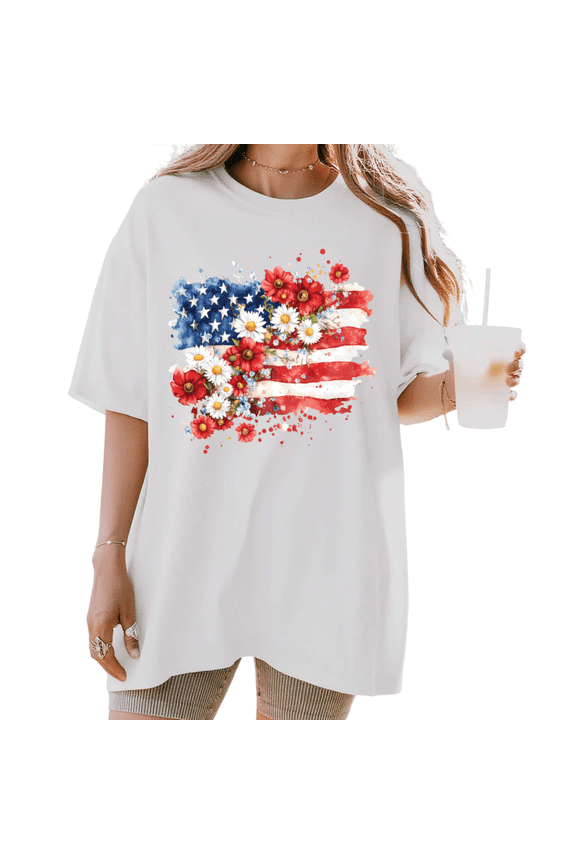 Women's Watercolor Floral American Flag Daisy Graphic Short Sleeve T-Shirt Comfortable Crewneck Top