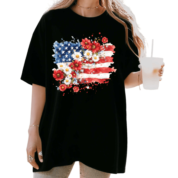 UNISHE Women's Watercolor Floral American Flag Daisy Graphic Short Sleeve T-Shirt Comfortable Crewneck Top