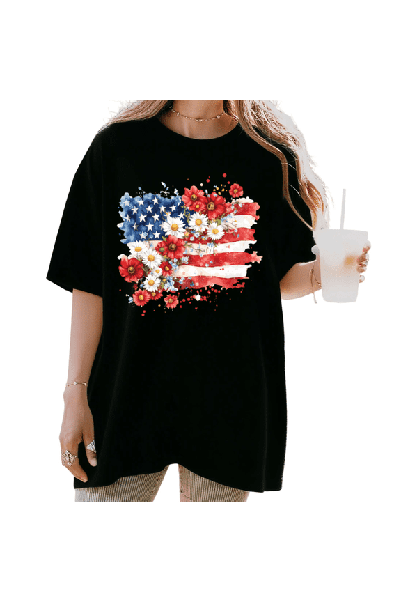 Women's Watercolor Floral American Flag Daisy Graphic Short Sleeve T-Shirt Comfortable Crewneck Top