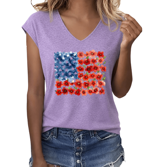 UNISHE Women's Watercolor Floral American Flag Graphic V-Neck Sleeveless T-Shirt Patriotic Summer Casual Tank Top