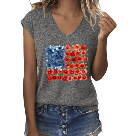 UNISHE Women's Watercolor Floral American Flag Graphic V-Neck Sleeveless T-Shirt Patriotic Summer Casual Tank Top