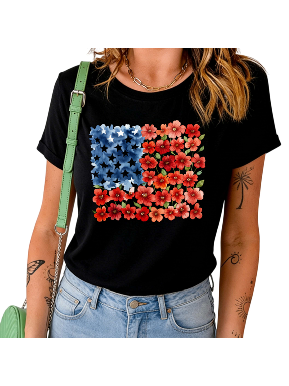 Women's Watercolor Floral American Flag Pattern Graphic Short Sleeve Crewneck Cotton Casual Top