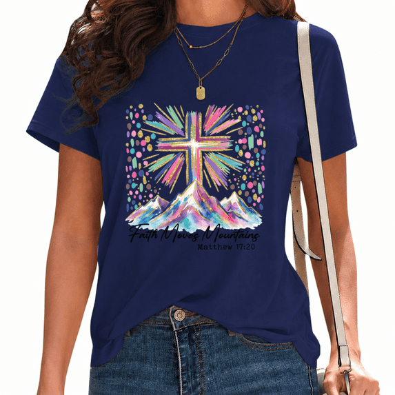 UNISHE Women's Watercolor Gold Glitter Mountain Cross Faith Bible Inspirational Saying Graphic Cotton Short Sleeve T-Shirt