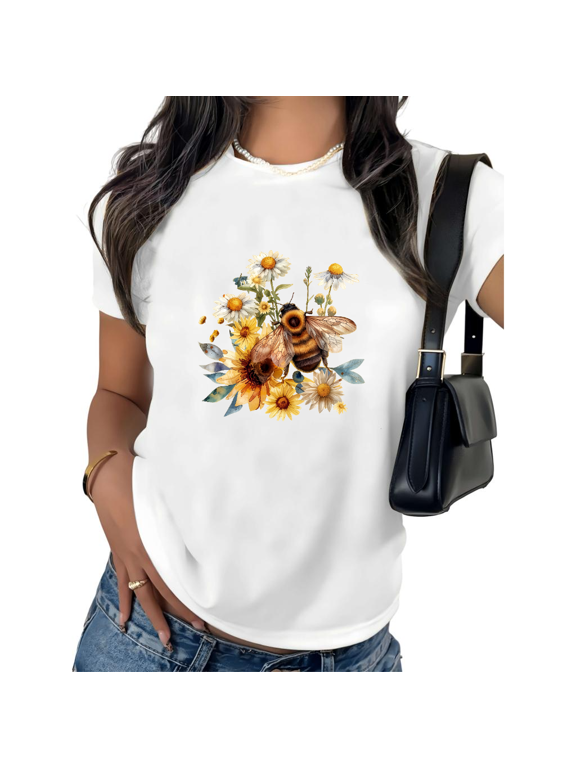 Women's Watercolor Honey Bee Floral Graphic Short Sleeve T-Shirt Bumblebee Sunflower Daisy Cotton Crewneck Top