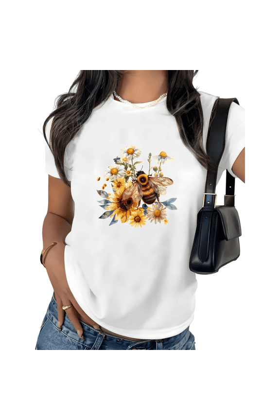 Women's Watercolor Honey Bee Floral Graphic Short Sleeve T-Shirt Bumblebee Sunflower Daisy Cotton Crewneck Top