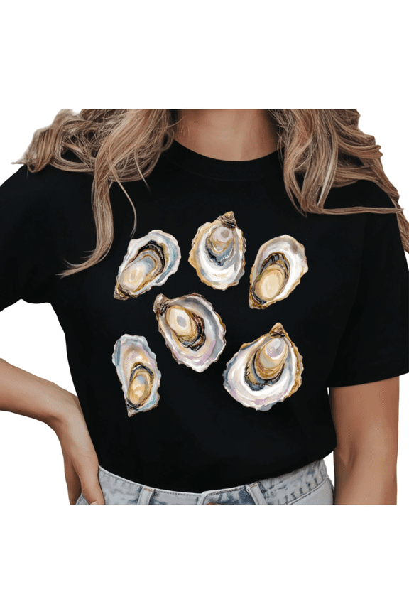Women's Watercolor Iridescent Six Oyster Shell Cluster Coastal Seafood Graphic Short Sleeve T-Shirt Casual Crewneck Top