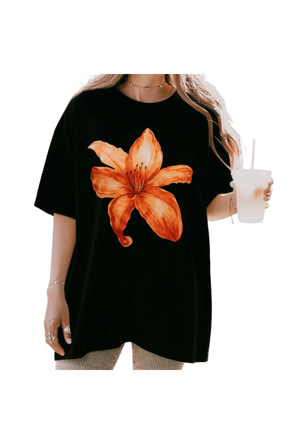 Women's Watercolor Orange Lily Floral Graphic Short Sleeve T-Shirt Casual Cotton Crewneck Top