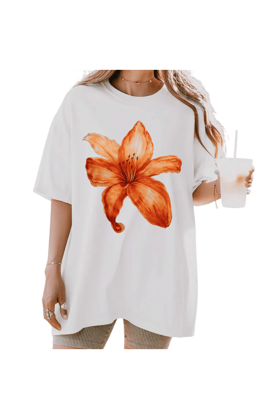 Women's Watercolor Orange Lily Floral Graphic Short Sleeve T-Shirt Casual Cotton Crewneck Top
