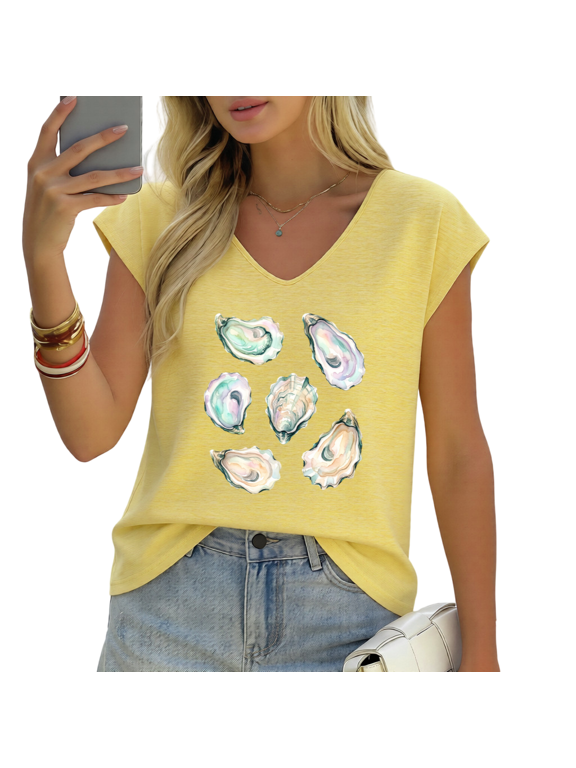 Women's Watercolor Oyster Shells Art Print V-Neck Sleeveless T-Shirt Casual Comfortable Summer Tank Top