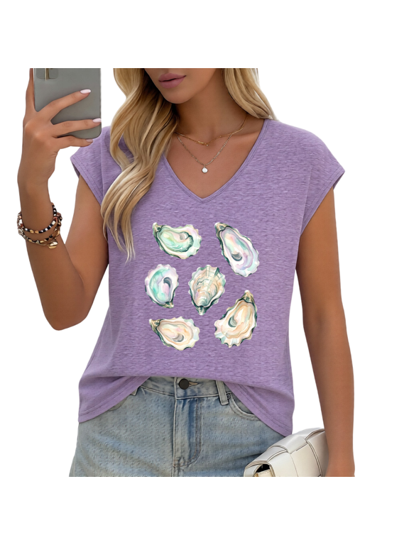 Women's Watercolor Oyster Shells Art Print V-Neck Sleeveless T-Shirt Casual Comfortable Summer Tank Top