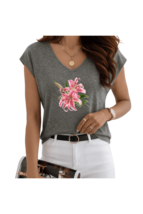Women's Watercolor Pink Lily Floral Print Dark Gray V-Neck Sleeveless T-Shirt Casual Tank S-5XL Top
