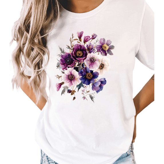 UNISHE Women's Watercolor Purple Anemone Floral Bouquet Graphic White Short Sleeve T-Shirt Casual Crewneck S-5XL Top