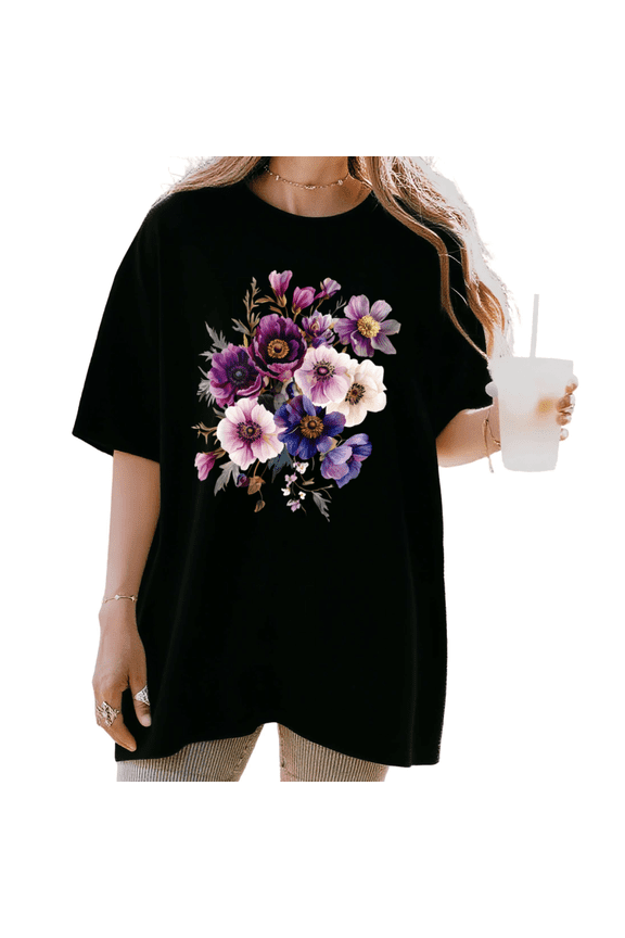 Women's Watercolor Purple Blue White Anemone Floral Bouquet Graphic Short Sleeve T-Shirt Casual Crewneck Top