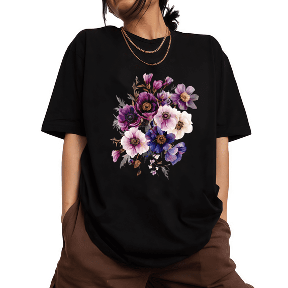 UNISHE Women's Watercolor Purple Tone Anemone Bouquet Graphic Short Sleeve T-Shirt S-5XL Black Tops