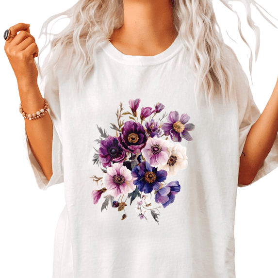 UNISHE Women's Watercolor Purple Tone Anemone Bouquet Graphic Short Sleeve T-Shirt S-5XL White Tops