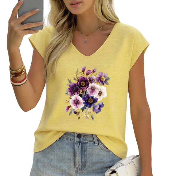 UNISHE Women's Watercolor Purple and Pink Floral Bouquet Print V-Neck Sleeveless T-Shirt Casual Summer Tank Top