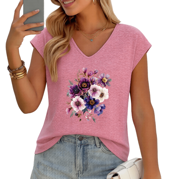 UNISHE Women's Watercolor Purple and Pink Floral Bouquet Print V-Neck Sleeveless T-Shirt Casual Summer Tank Top