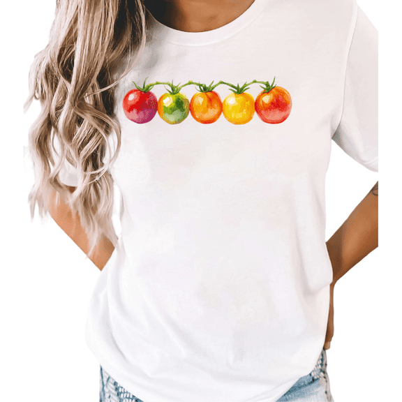 UNISHE Women's Watercolor Rainbow Heirloom Tomato Vine Graphic White Short Sleeve T-Shirt Casual Crewneck S-5XL Top