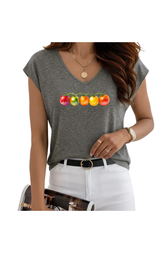 Women's Watercolor Rainbow Vine Cherry Tomato Print Dark Gray V-Neck Sleeveless T-Shirt Casual Tank S-5XL Top