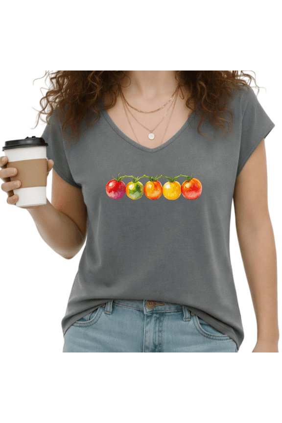 Women's Watercolor Rainbow Vine Cherry Tomato Print Dark Gray V-Neck Sleeveless T-Shirt S-5XL Trendy Tank Top