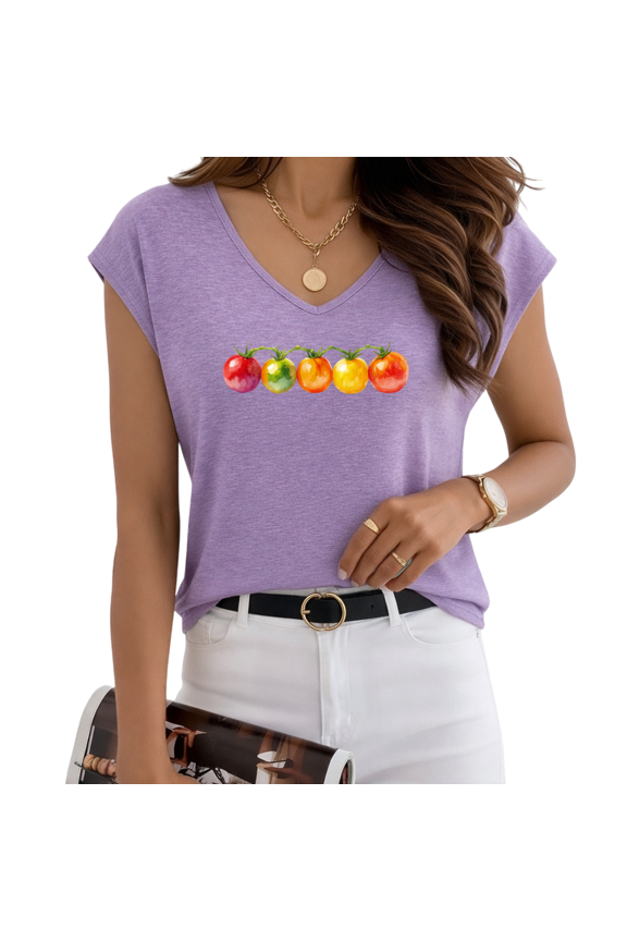 Women's Watercolor Rainbow Vine Cherry Tomato Print Purple V-Neck Sleeveless T-Shirt Casual Tank S-5XL Top