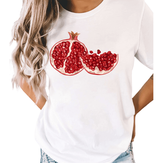 UNISHE Women's Watercolor Split Pomegranate Fruit Graphic White Short Sleeve T-Shirt Casual Crewneck S-5XL Top