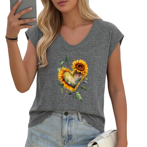 UNISHE Women's Watercolor Sunflower Heart V-Neck Sleeveless T-Shirt Comfortable Casual Summer Tank Top