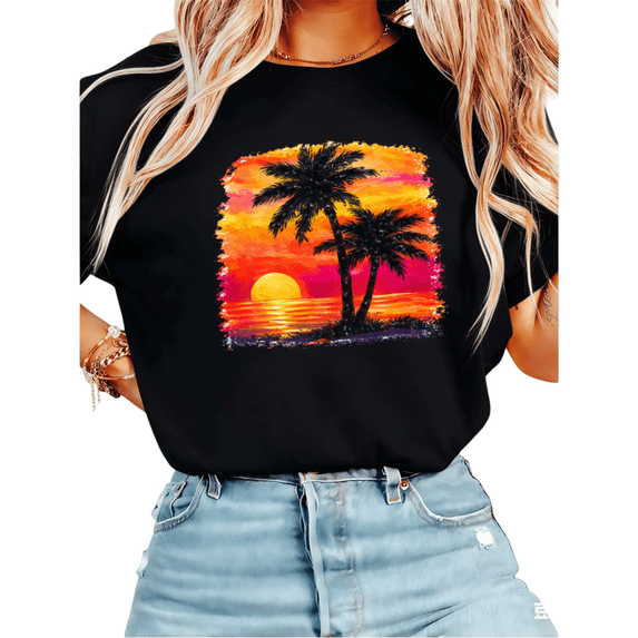 UNISHE Women's Watercolor Tropical Sunset Palm Tree Graphic Short Sleeve T-Shirt Casual Cotton Crewneck Top